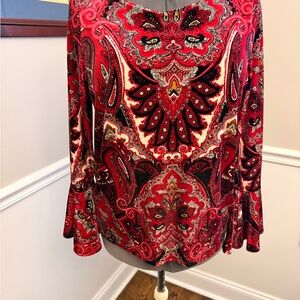 Chico's Vibrant Red and Black Paisley velvet Blouse